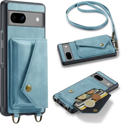 Casemania Hoesje Geschikt voor Google Pixel 8 - Aqua Blue - Luxe Backcover met Koord en Magnetische Sluiting - Portemonnee Wallet Case met Pasjeshouder en Opbergvak - Lanyard Telefoonhoes - Cord Case