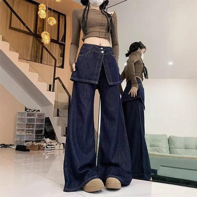 Tweedelige Jeans voor Dames In Herfst Nieuwe Amerikaanse Retro Hoge Taille Hangende Wijde Pijpen Vloer Broek 2XL black