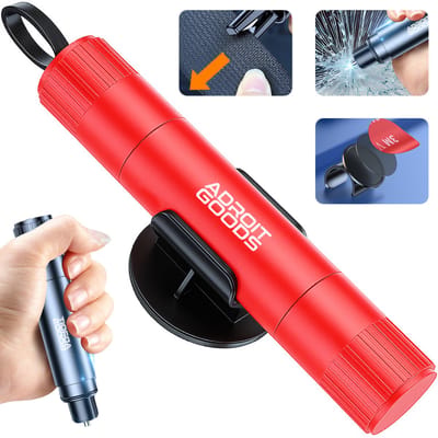AdroitGoods Auto Noodhamer met Veiligheidsgordel Snijder - Premium 2-in-1 Reddingstool - Incl. Zelfklevende Houder en Testglas - Rood
