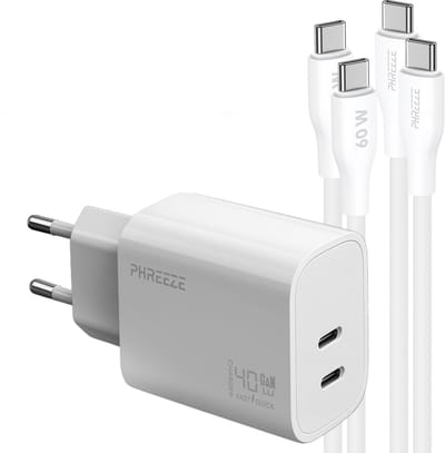 Phreeze 40 W usb C oplader - Dual port GaN charger met 2 usb C naar usb C kabels 1m - Snellader voor telefoon en tablet