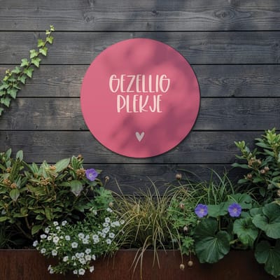 Tuincirkel Gezellig Plekje - Roze - Wandbord - 25cm - Wanddecoratie voor Buiten - UV- en Waterbestendig