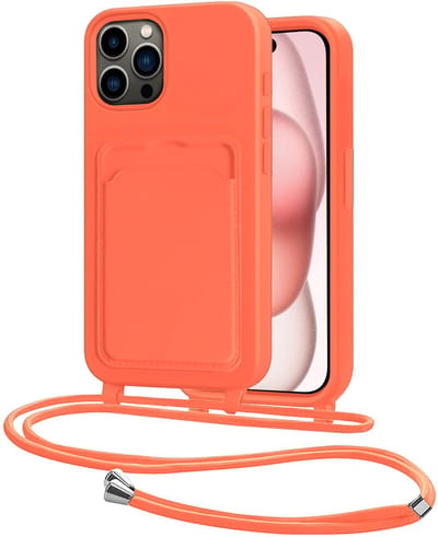 Hoes Geschikt voor iPhone 14 Pro Hoesje Pasjeshouder Cover Met Koord Case Siliconen Hoes Met Telefoonkoord en Kaarthouder - Papaya