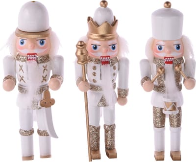 3x Kerstboomhangers notenkraker pop/soldaat 12 cm kerstversiering wit - Kerstversiering/boomversiering - kersthangers