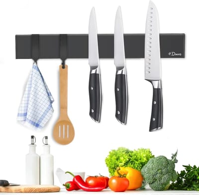 SnelShoppen - Magnetische Messenset 30 cm met 2 Haken - Krachtige Magnetische Messenhanger voor Keuken, Garage en Werkplaats - Zwart, Makkelijk te Bev