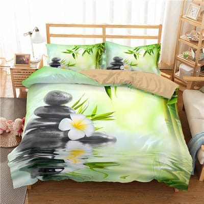 Zen Stone Groene Bamboe Dekbedovertrekset Natuur Water Print Beddengoedset Queen King Size Dekbedovertrekken Decoratief Huistextiel EU single(135x200cm)
