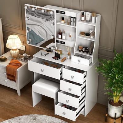 Kaptafel met Schuifspiegel en Verlichting - Instelbare Helderheid - Laden en Planken - Verborgen Opbergruimte H39-090015wit make up tafel