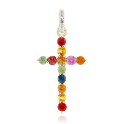 Cavill - 9K Geel Goud Gouden Hanger - 12 Madagaskar & 5 Ceylon Saffieren - 0,96 ct - Elegant Rondgeslepen Kruis