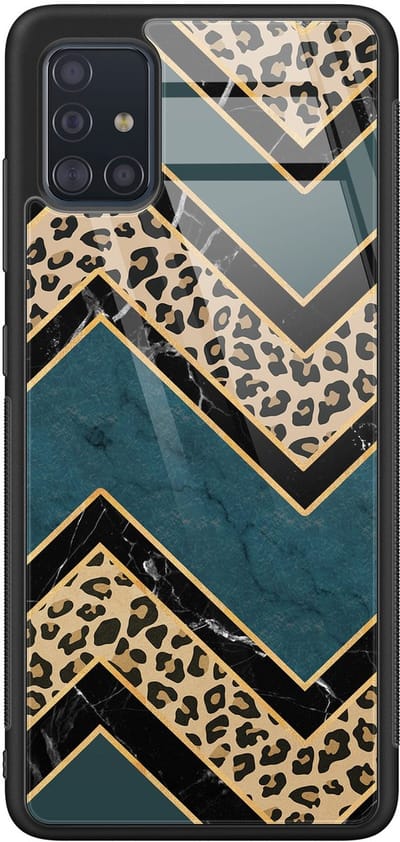 Hoesje geschikt voor Samsung Galaxy A51 - Luipaard zigzag - Luxe Glazen Hardcase - Print / Illustratie - Bruin