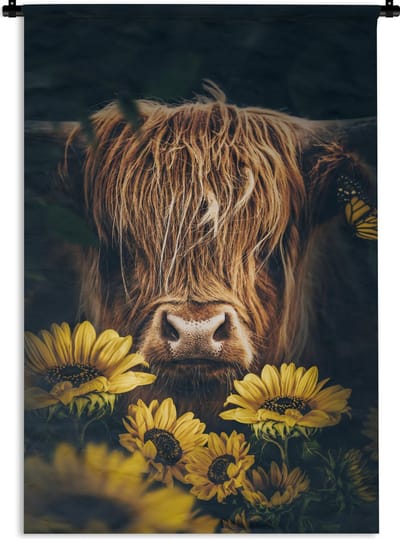 Wandkleed - Wanddoek - Schotse hooglander - Bloemen - Koe - Botanisch - Dieren - 120x180 cm - Wandtapijt