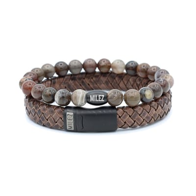 Milez - Armband set mannen - armband heren leer kralen - Donkerbruin - Maat S