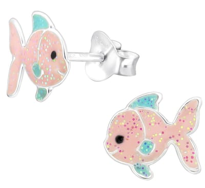 Joy|S - Zilveren vis oorbellen - 8 x 9 mm - roze blauw met glitters - kinderoorbellen