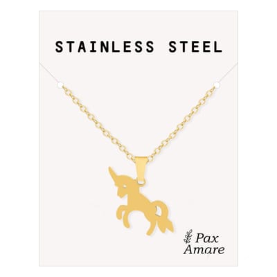 Ketting met Hanger Eenhoorn - Roestvrij Staal - Goudkleurig - Cadeau Sieraad op Kaartje - Pax Amare