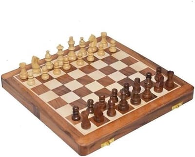 Opvouwbare Schaakset - Houten Reisspel - Reizen en Ontspanning - Magnetische Stukken - 7 Inch Bord - Goudbruin