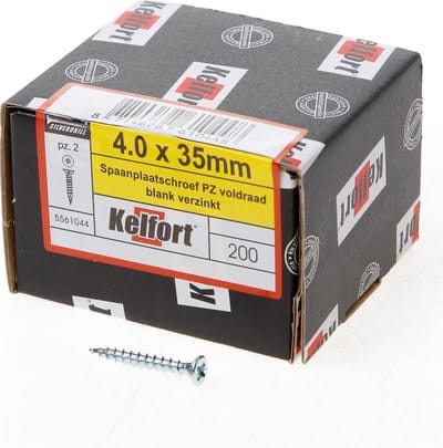 Kelfort Spaanplaatschroef platverzonken kop verzinkt pozidriv voldraad 4.0 x 35mm (Prijs per 200 stuks)