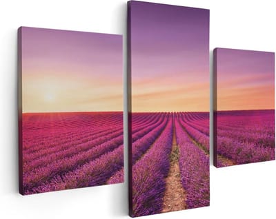 Artaza Canvas Schilderij Drieluik Paarse Lavendel Bloemenveld - 90x60 - Foto Op Canvas - Canvas Print