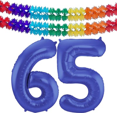 Folat Verjaardag Leeftijd folieballon - 65 jaar - blauw - 86 cm - cijferballon groot - incl 2x feestslingers