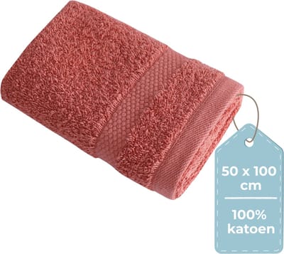 HUSH Living - Handdoek 100% Katoen - per stuk - 50×100 cm - Zware kwaliteit 500g/m2 - Stijlvol Boord en Ophanglus - Koraal