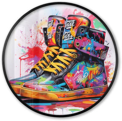 Poster in lijst Rond - Fotolijst 60x60 cm - Posters - Schoenen - Graffiti - Wit - Kleuren - Ronde posterlijst zwart - Decoratie - Wanddecoratie woonkamer - Muurdecoratie slaapkamer