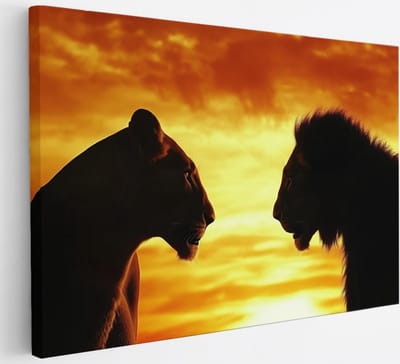 Saammp Canvas Schilderij - Leeuwen - Zonsondergang - Oranje - Natuur - Dieren - 30x20 - Foto op canvas - Wanddecoratie - muurdecoratie Woonkamer - Slaapkamer decoratie - Canvas Print