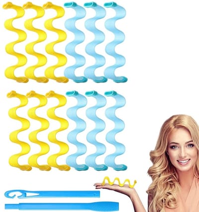 Dailygoods- Krulspelden 12 Stuks - Hittevrije Krulset - Kunststof - Styling Haken - 25 cm - Geel/Blauw - Haarrollers