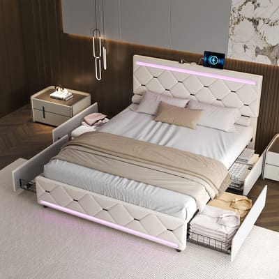 Tweepersoonsbed 140x200 cm | 4 Laden Opbergruimte | USB + LED Verlichting Hoofd- & Voetbord | Fluweel Beige, Modern Design