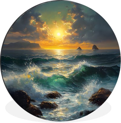 WallCircle - Wandcirkel - Muurcirkel - Zee - Zon - Golven - Rotsen - Aluminium - Dibond - 30x30 cm - Binnen en Buiten