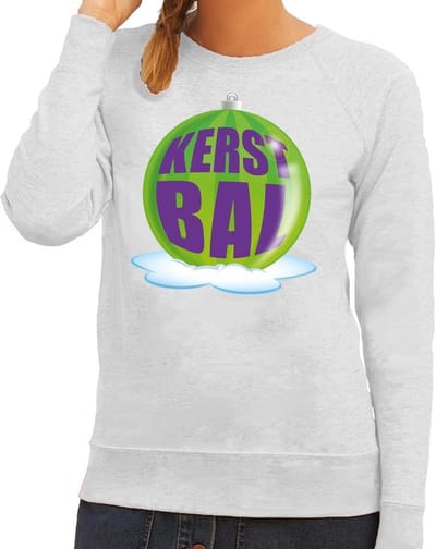 Foute kersttrui kerstbal groen op grijze sweater voor dames - kersttruien XS