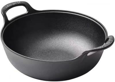 Gietijzeren Wok - Roerbakpan - Veelzijdig Koken - Platte Bodem - 20 cm - Zwart