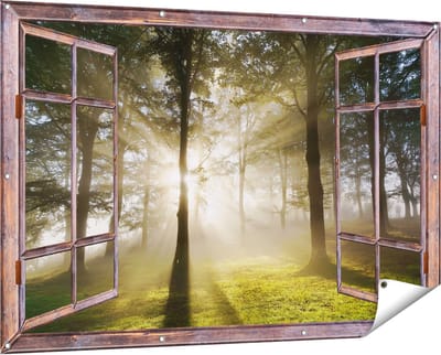 Gards Tuinposter Doorkijk Zon tussen de Bomen - 150x100 cm - Tuindoek - Tuindecoratie - Wanddecoratie buiten - Tuinschilderij