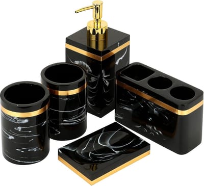 badkamer accessoire set, marmeren badkamer set 5-delige huis tandenborstel houder, met zeepdispenser, gorgelcups, zeepbakjes, tandenborstelhouder (zwart)