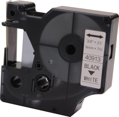 KATRIZ® huismerk label tape voor Dymo 40913 | LabelManager PNP/LabelPoint 150/Protable Labeler PL200/RhinoPRO 5200/6000 | Zwart op Wit | 9mm*7m |  1 stuk