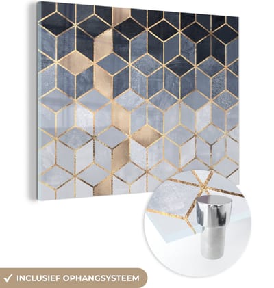 MuchoWow® Glasschilderij 120x90 cm - Schilderij acrylglas - Kubus - Goud - Luxe - Patronen - Foto op glas - Schilderijen