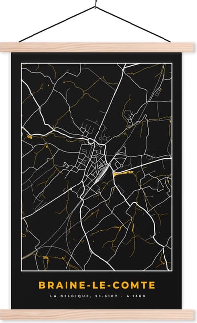 Posterhanger incl. Poster 40x60 cm - Schoolplaat - Plattegrond - Kaart - Goud - Braine-le-Comte - Stadskaart - Textielposter - Blanke latten - Stadskaart