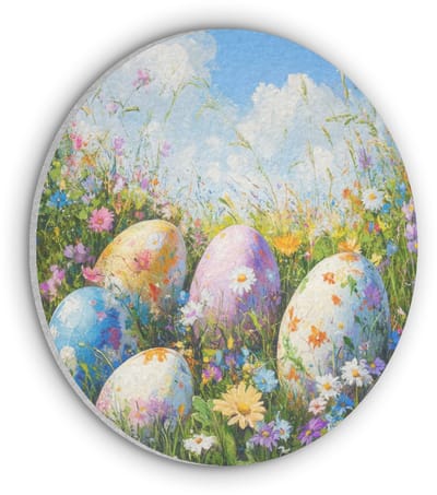 Akoestisch wandpaneel rond 50x50 cm - Vilt schilderij Grasveld - Eieren - Bloemen - Ronde akoestische panelen - Geluidsdempende wanddecoratie - Geluidsisolatie wandcirkel - Muurdecoratie geluidspanelen - Pasen - Paasdecoratie - Paas versiering