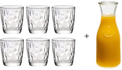 Bormioli Rocco Waterglazen Diamond 300 ml - Set van 6 glazen - Inclusief Cookinglife Karaf 1 L - Vaatwasserbestendig - Kristalhelder glas - Ø 8,0 x H 24,0 cm - Glaswerk - Drankglazen
