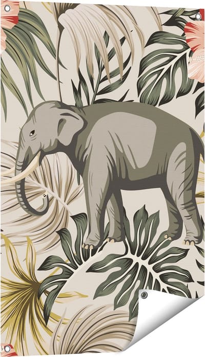 Gards Tuinposter Tropisch Getekende Olifant - Abstract - 60x90 cm - Tuindoek - Tuindecoratie - Wanddecoratie buiten - Tuinschilderij
