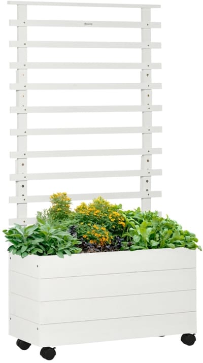 Wishdor Plantenbak Met Klimrek - Op Wielen Met Remmen - Massief Hout - Wit - 76 X 30 X 155 Cm