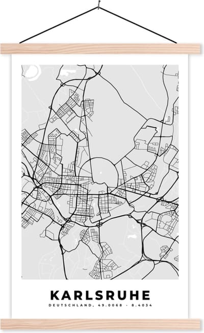 Posterhanger incl. Poster 40x60 cm - Schoolplaat - Stadskaart - Kaart - Karlsruhe - Plattegrond - Duitsland - Textielposter - Blanke latten - Stadskaart
