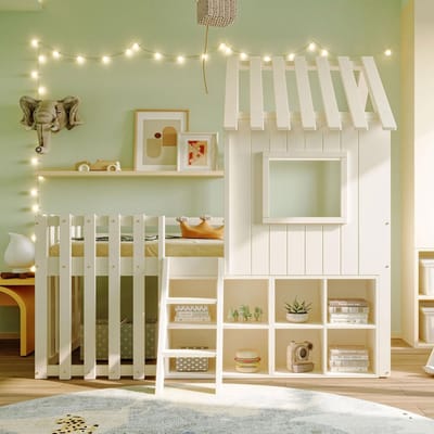 Houten Huisbed met Dak en Klimladder 90x200 cm Kinderslaapkamer