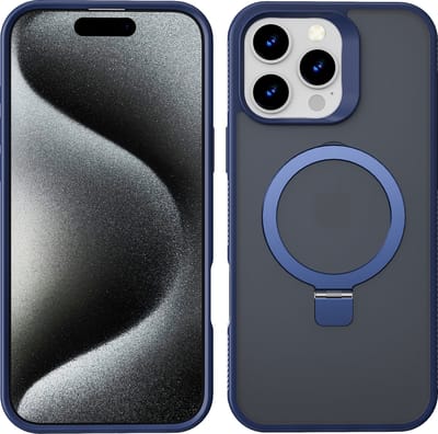 Hoesje Geschikt voor iPhone 15 Pro Max Magsafe hoesje Blauw - Mat Transparant hard case - Magnetic Ring Houder hoesje