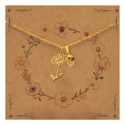 Bixorp Geboortebloem + Geboortesteen Ketting November - Chrysant & Citrien - Goudkleurig Stainless Steel - Bloem & Ruwe Edelsteen Hanger - 45+5cm