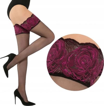 GATTA – Hold Up Kousen – Maat XS/S – Zwart/Bordeaux Roze – Elegante Zelfhoudende Dameskousen met Kant – Luxe Geschenkverpakking – Stay-Up Kousen (1 stuks)