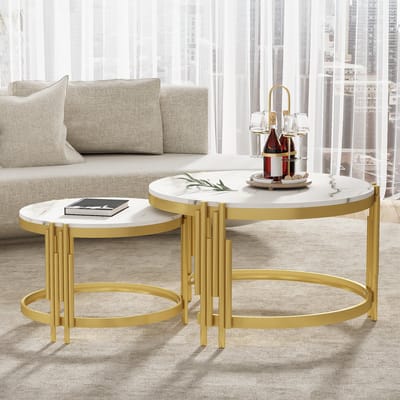 DESMIU Ronde Salontafel Set - Nestbaar Design Met Marmerlook En Gouden Metalen Frame - Voor Woonkamer En Werkkamer - MDF En Metaal - Antique Brass En Wit - 71,5x71,5x44 Cm En 51,5x51,5x37 Cm