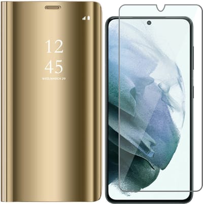 Hoesje geschikt voor Samsung Galaxy S21 FE - Book Case Mirror Reflection Wallet Cover Booktype Hoes Goud - Screenprotector Beschermglas Gehard Glas Tempered Glass Screen Protector