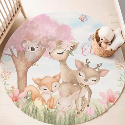 Boho Safari Dier Rond Tapijt Herfst Bos Vrienden Vloermat Antislip Tapijt Wilde Jungle Kinderkamer Decor Etnisch Babycadeau 120x120cm