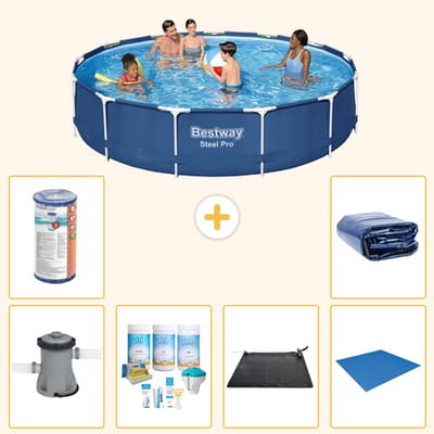 Bestway Rond Steel Pro Zwembad - 396 x 84 cm - Blauw - Inclusief Pomp - Onderhoudspakket - Solar Mat - Grondzeil - Filter - Solarzeil - 7-delig
