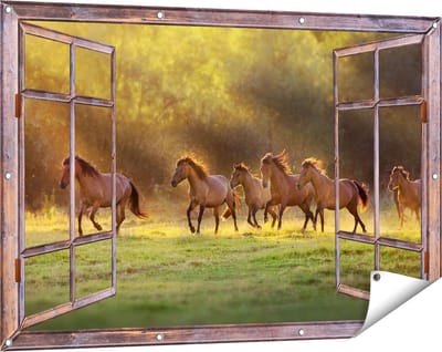 Gards Tuinposter Doorkijk Kudde Bruine Paarden in de Wei - 120x80 cm - Tuindoek - Tuindecoratie - Wanddecoratie buiten - Tuinschilderij