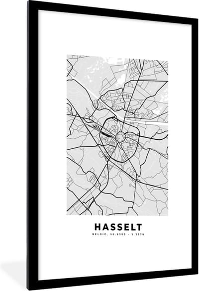 Fotolijst incl. Poster Zwart Wit- Plattegrond – Hasselt – Zwart Wit – Stadskaart - Kaart - 60x90 cm - Posterlijst