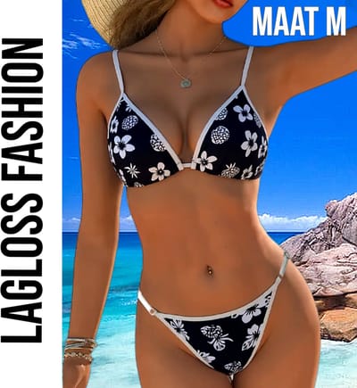LaGloss® 2-Delige Bikini Set Zwart Wit Bloemenprint – Sexy & Stijlvolle Dames Badmode – Maat M