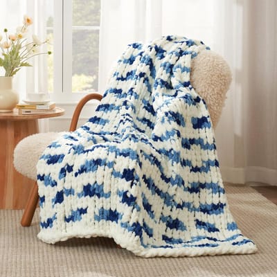 Zacht Chunky Gebreid Deken - Warm Gepersonaliseerde Chenille Met Riemen, Ideaal Voor Sofa Of Bed, 50 x 60, Gestreept Blauw